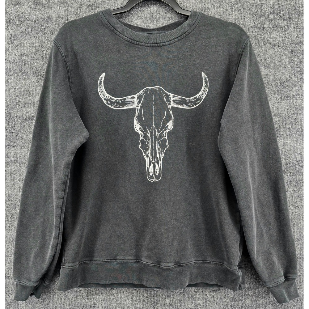 Zutter Sweatshirt Women S Gray Longhorn Bull Skull Graphic Acid Western Cowgirl